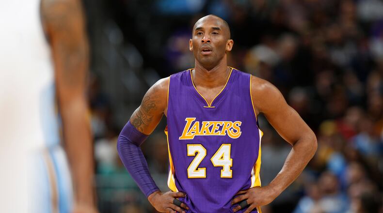 Los Angeles Lakers forward Kobe Bryant (24) in the first half of an NBA basketball game Wednesday, March 2, 2016, in Denver. (AP Photo/David Zalubowski)