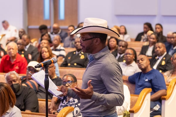 Mike Johnson speaks during a South Fulton City Council feedback session about the millage rate cap at The Enon Church on Wednesday, Sept. 3, 2025. (Arvin Temkar/AJC)
