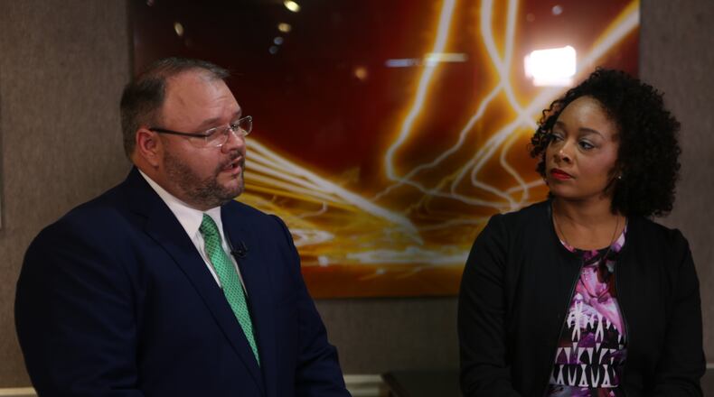 State Rep. Jason Spencer and former state Rep. LaDawn Jones discuss their proposal for Civil War monuments. AJC/Ryon Horne