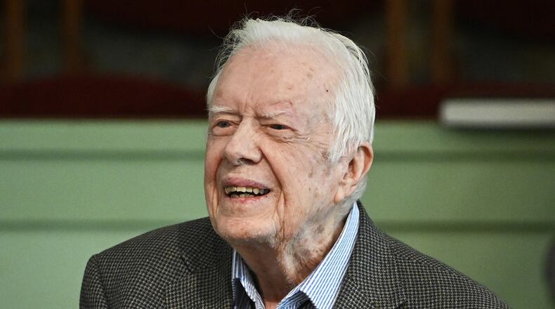 In this Sunday, Nov. 3, 2019, photo, former President Jimmy Carter teaches Sunday school at Maranatha Baptist Church in Plains, Ga.