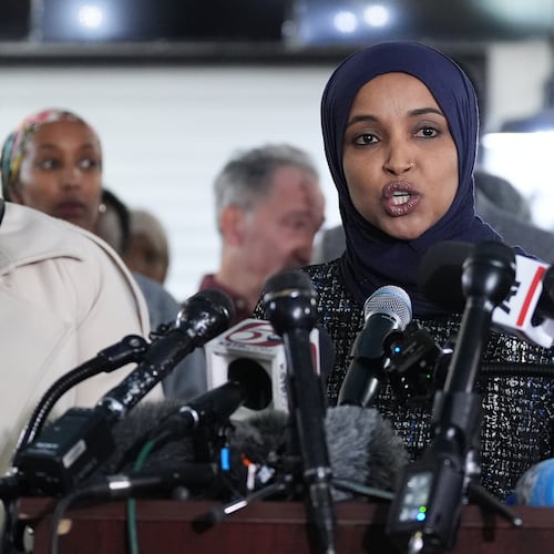 FILE - Rep. Ilhan Omar, D-Minn., speaks during a news conference on Jan. 28, 2026, in Minneapolis. (AP Photo/Adam Gray, File)