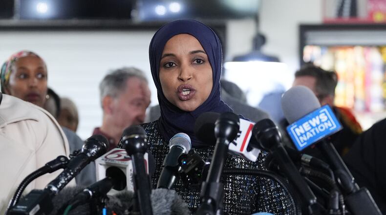 FILE - Rep. Ilhan Omar, D-Minn., speaks during a news conference on Jan. 28, 2026, in Minneapolis. (AP Photo/Adam Gray, File)