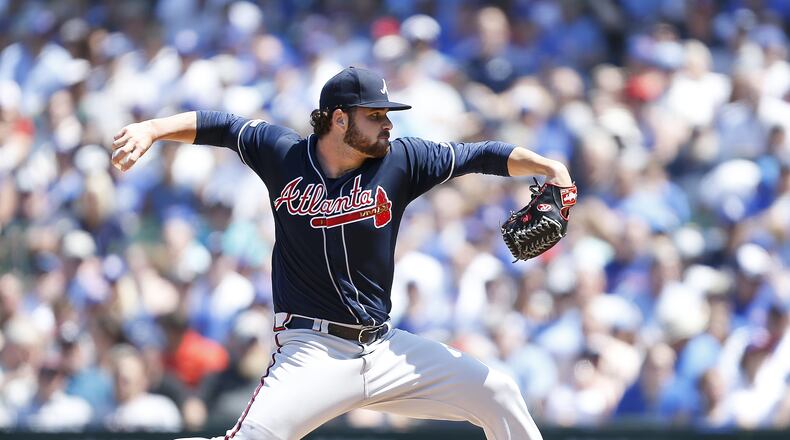 Bryse Wilson #46 of the Atlanta Braves pitches in the fourth inning during the game against the Chicago Cubs at Wrigley Field on June 27, 2019 in Chicago, Illinois. (Photo by Nuccio DiNuzzo/Getty Images)