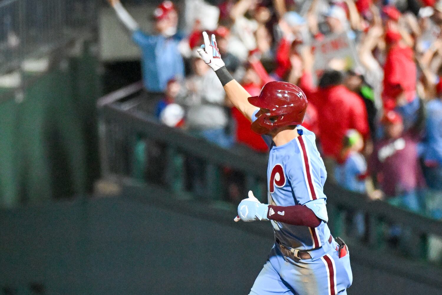 Philadelphia Phillies’ Trea Turner (7) rounds the bases after a solo home run during the fifth inning of NLDS Game 4 at Citizens Bank Park in Philadelphia on Thursday, Oct. 12, 2023.   (Hyosub Shin / Hyosub.Shin@ajc.com)