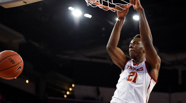 Southern California forward Onyeka Okongwu dunks during the first half against Stanford in Los Angeles, Saturday, Jan. 18, 2020. (Kelvin Kuo/AP)