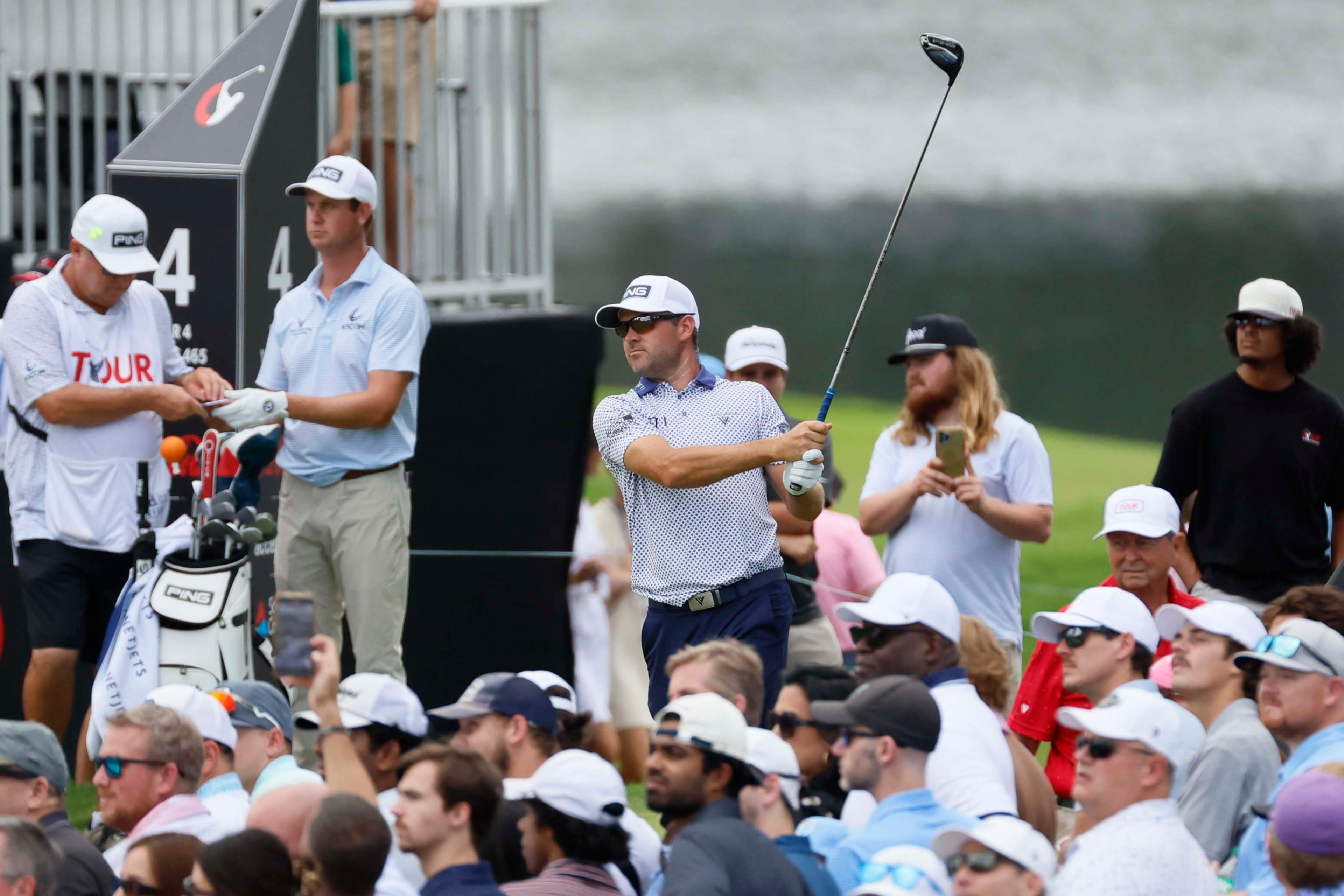 Corey Conners of Canada tees off on the fourth hole during the final round of the PGA Tour Championship at East Lake Golf Club on Sunday, Aug. 24, 2025, in Atlanta. (Miguel Martinez/ AJC)