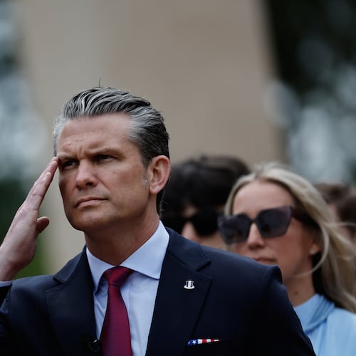 U.S. Defense Secretary Pete Hegseth salutes during a ceremony at the US cemetery to commemorate the 82nd anniversary of the D-Day, in Colleville-sur-Mer, Normandy, France, Saturday, June 6, 2026. (AP Photo/Jeremias Gonzalez)