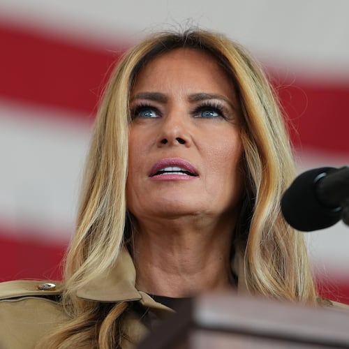 First lady Melania Trump speaks at the Mega Hangar at the Marine Corps Air Station New River in Jacksonville, N.C., Wednesday, Nov. 19, 2025. (AP Photo/Matt Rourke)