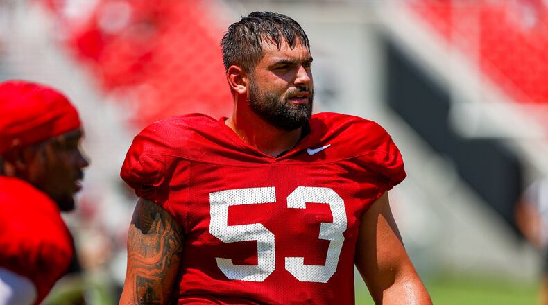 Georgia offensive lineman Dylan Fairchild during the Bulldogs' preseason scrimmage Saturday, Aug. 17, 2024, at Sanford Stadium in Athens. (Tony Walsh/UGA Athletics)