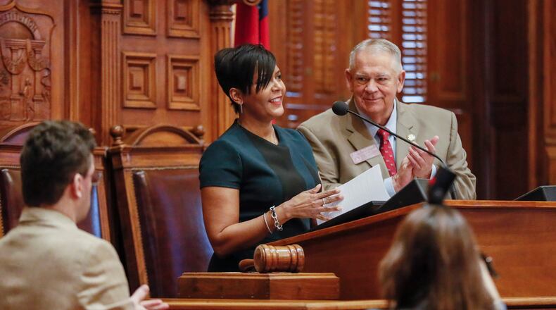 January 14, 2020 - Atlanta -  House Speaker David Ralston welcomes Atlanta Mayor Keisha Lance Bottoms before she addressed the House.  The Georgia General Assembly continued with the second legislative day of the 2020 session.   Bob Andres / bandres@ajc.com