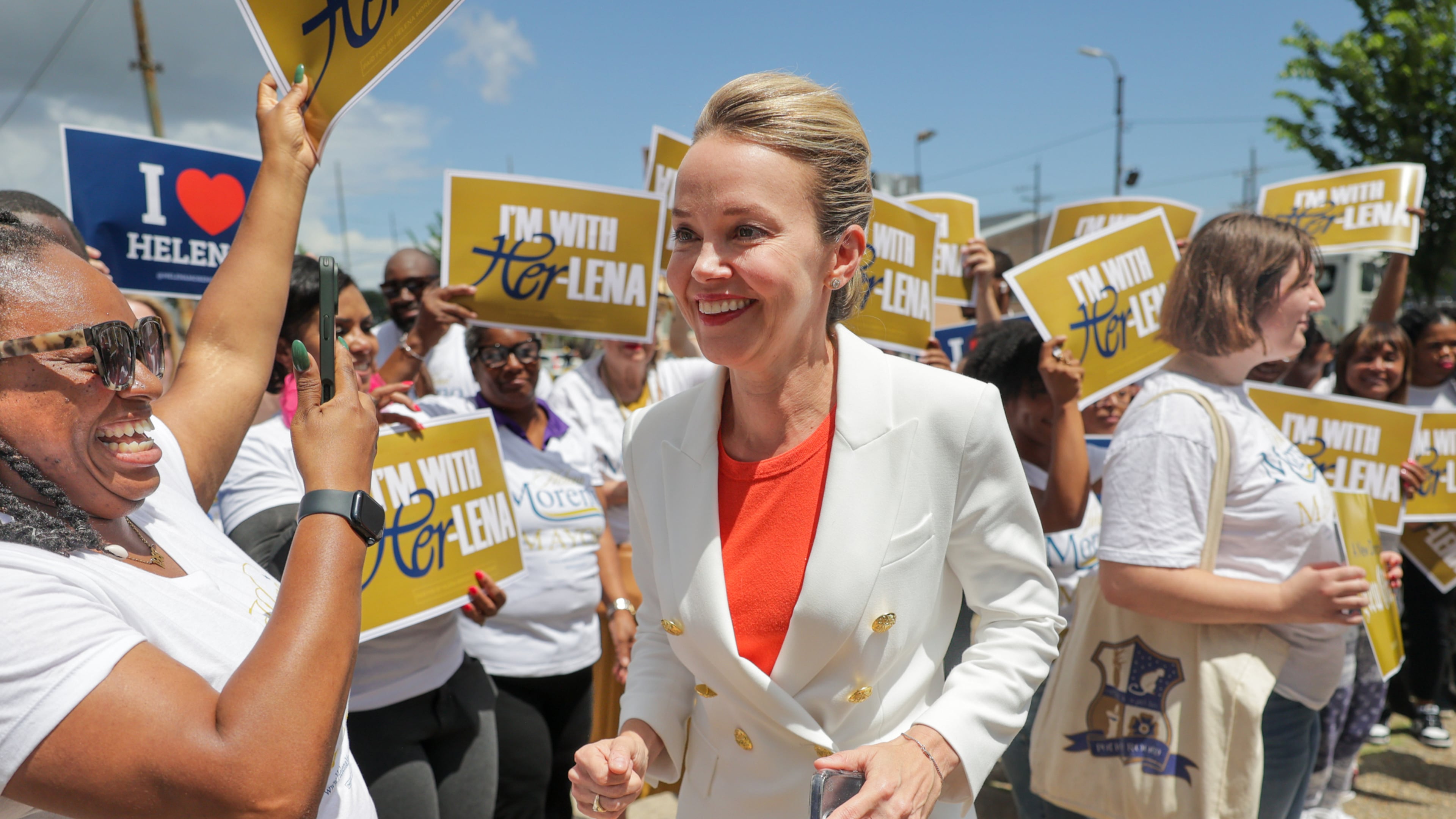 New Orleans City Councilmember Helena Moreno greets supporters as she arrives to submit her qualifying paperwork to run for mayor at the Orleans Parish Clerk of CourtÍs Office on Wednesday, July 9, 2025. (Brett Duke/The Times-Picayune/The New Orleans Advocate via AP)