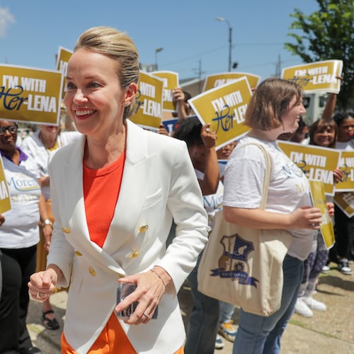 New Orleans City Councilmember Helena Moreno greets supporters as she arrives to submit her qualifying paperwork to run for mayor at the Orleans Parish Clerk of CourtÍs Office on Wednesday, July 9, 2025. (Brett Duke/The Times-Picayune/The New Orleans Advocate via AP)