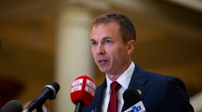 Republican state senator Greg Dolezal speaks during a press conference at the Georgia State Capitol. (Rebecca Wright for the Atlanta Journal-Constitution)