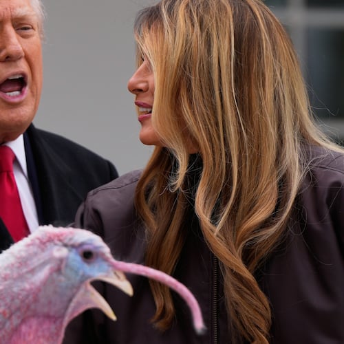 President Donald Trump and first lady Melania Trump, stand next to national Thanksgiving turkey Gobble during a pardoning ceremony in the Rose Garden of the White House, Tuesday, Nov. 25, 2025, in Washington. (AP Photo/Julia Demaree Nikhinson)