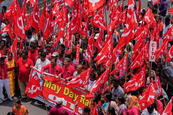 Members of Centre of India Trade Unions (CITU) participate in a rally to mark May Day in Hyderabad, India, Thursday, May 1, 2025. (AP Photo/Mahesh Kumar A.)
