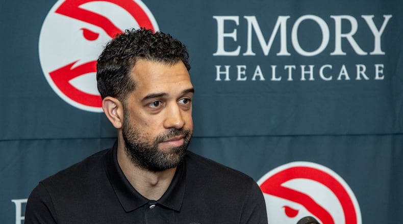 Hawks general manager Landry Fields addresses reporters questions at the team’s practice facility Wednesday, Feb 22, 2023 at the team’s practice facility after it was announced he made the decision to fire coach Nate McMillan.  (Jenni Girtman for The Atlanta Journal-Constitution)