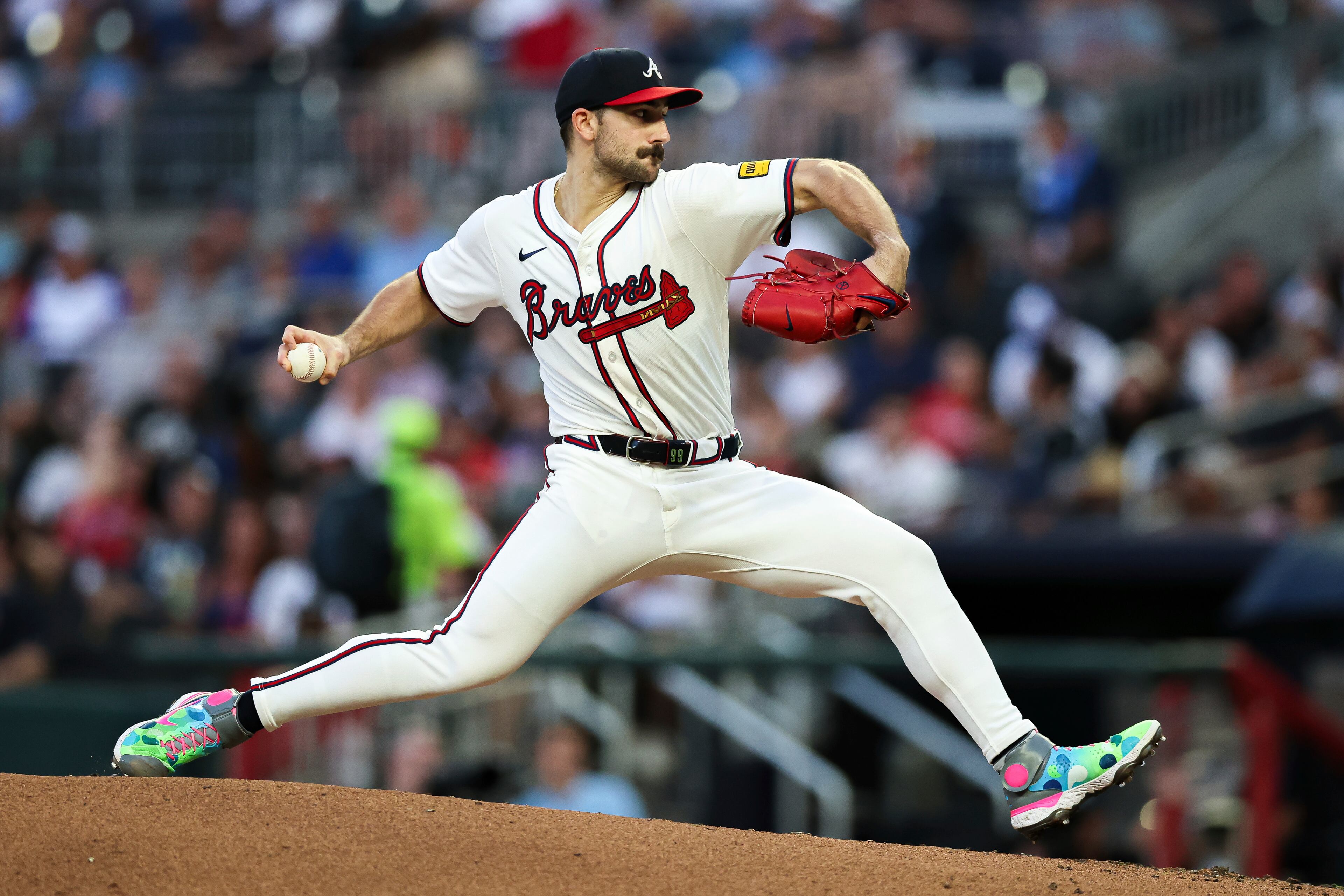 Braves pitcher Spencer Strider delivers in the third inning against the Chicago White Sox on Monday, Aug. 18, 2025, in Atlanta. Ultimately, the team couldn’t overcome an early hole caused by its uneven ace starter. (Colin Hubbard/AP)
