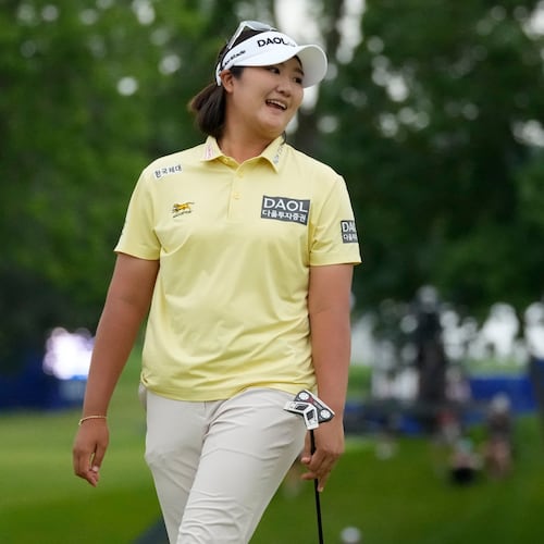 Haeran Ryu, of South Korea, reacts on the 18th green after a putt during the final round of the Women's PGA Championship golf tournament at Hazeltine National Golf Club, Sunday, June 28, 2026, in Chaska, Minn. (AP Photo/Chris Carlson)