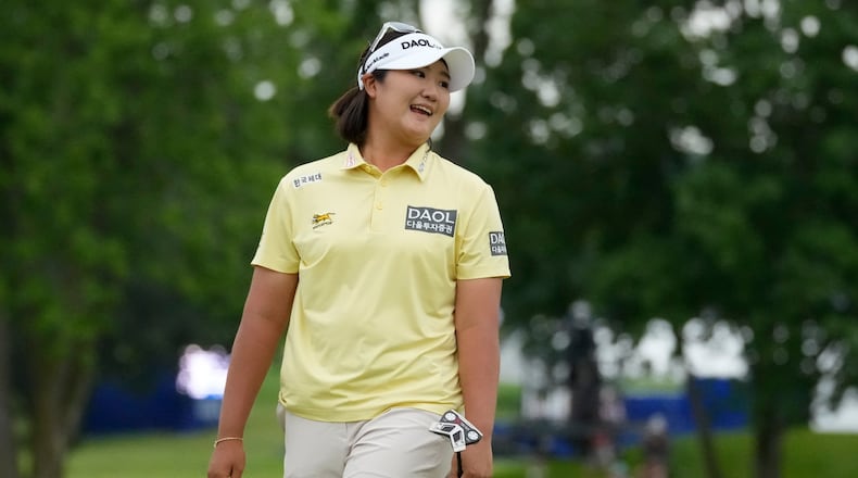 Haeran Ryu, of South Korea, reacts on the 18th green after a putt during the final round of the Women's PGA Championship golf tournament at Hazeltine National Golf Club, Sunday, June 28, 2026, in Chaska, Minn. (AP Photo/Chris Carlson)