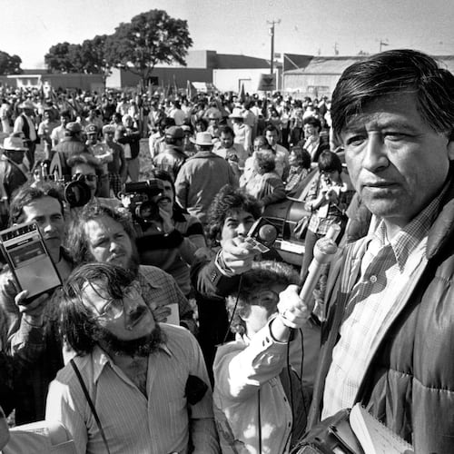 FILE - United Farm Workers President Cesar Chavez talks to striking Salinas Valley farmworkers during a large rally in Salinas, Calif., on March 7, 1979. (AP Photo/Paul Sakuma, File)