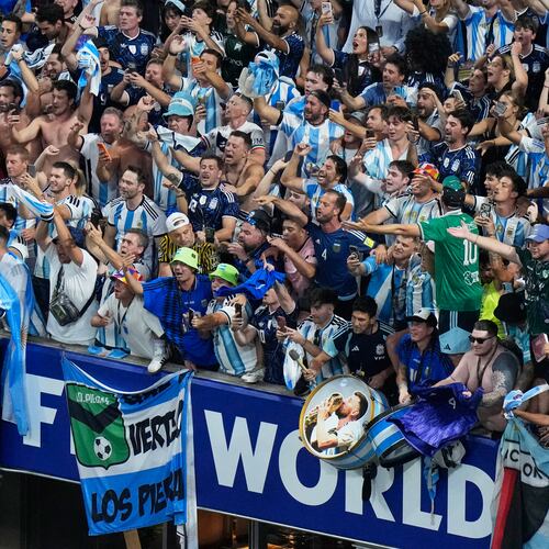 Fans of Argentina celebrate after they defeated England in their World Cup semifinal soccer match in Atlanta, Wednesday, July 15, 2026. (AP Photo/Lynne Sladky)