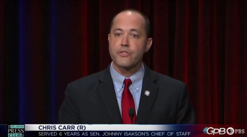 Republican incumbent Chris Carr at this week's Atlanta Press Club debate/Georgia Public Broadcasting