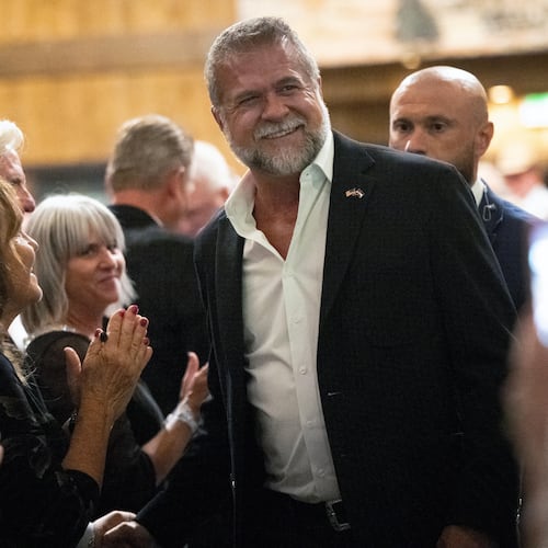 GOP gubernatorial candidate Victor Marx greets his supporters Tuesday, June 30, 2026, during a Colorado Primary Election watch party at Spruce Mountain Ranch in Larkspur, Colo. (Christian Murdock/The Gazette via AP)