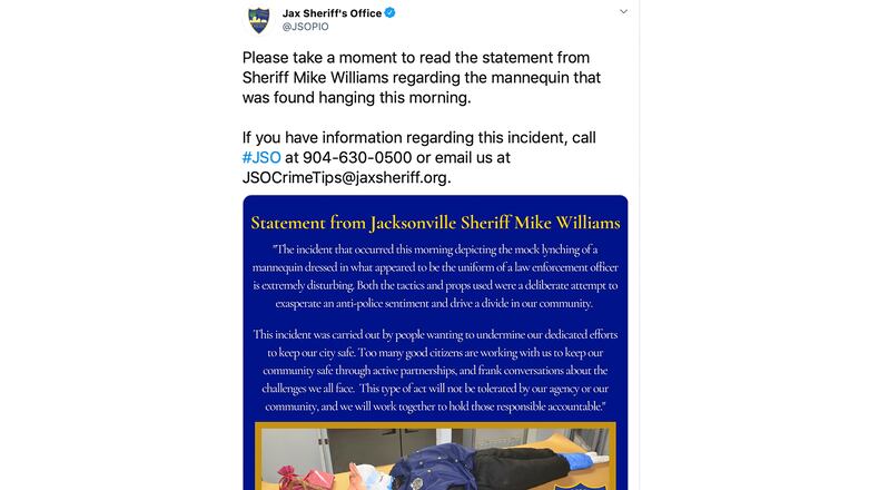 This image taken from the Jacksonville, Florida, Sheriff’s Office Twitter page shows a photograph depicting the mock lynching of a mannequin dressed in what appeared to be the uniform of a law enforcement officer.