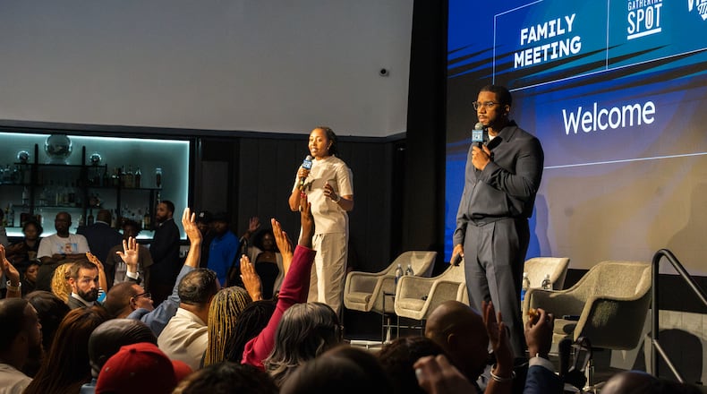 Lakeysha Hallmon (left) and Ryan Wilson moderate an event called the "Family Meeting," designed to inspire and educate Black business owners at The Gathering Spot in Atlanta on Tuesday, Aug. 27, 2024. (Olivia Bowdoin for the AJC).