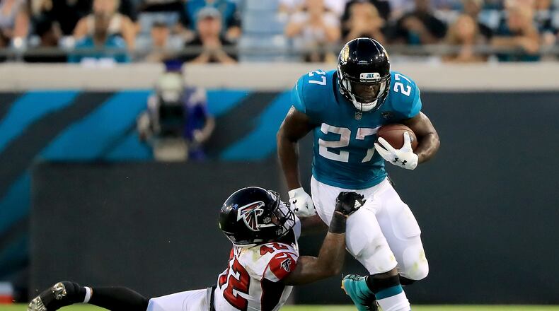 Thanks in part to running back Leonard Fournette, Jacksonville outgains the Falcons 406 yards to 261 Saturday night. (Sam Greenwood/Getty Images)