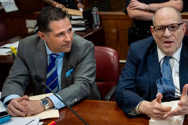 Harvey Weinstein appears in state court in Manhattan as jury selection continues in his retrial on Wednesday, April 16, 2025 in New York. (Angelina Katsanis/Pool Photo via AP)