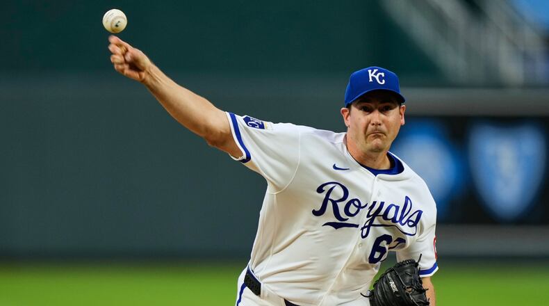Kansas City Royals starting pitcher Seth Lugo throws during the first inning of a baseball game against the Chicago White Sox, Thursday, April 9, 2026, in Kansas City, Mo. (AP Photo/Charlie Riedel)