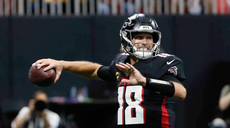 Atlanta Falcons quarterback Kirk Cousins (18) prepares a pass during the second half of an NFL football game against the Pittsburgh Steelers on Sunday, Sept. 8, at Mercedes-Benz Stadium in Atlanta. 
(Miguel Martinez/ AJC)