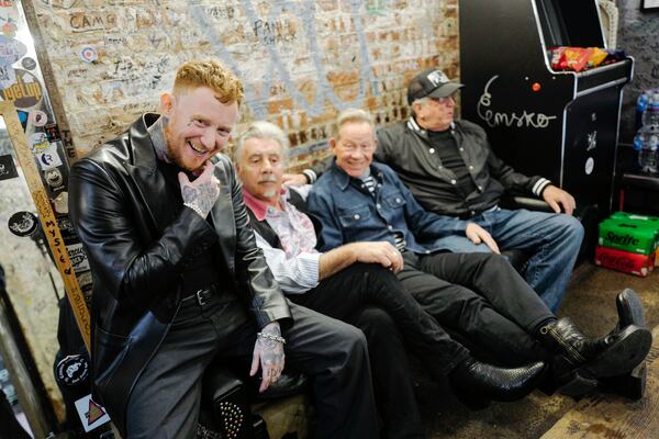 Frank Carter, from left, Glen Matlock, Paul Cook and Steve Jones of the Sex Pistols poses for portrait photographs, Friday, March 21, 2025. (Photo by Alberto Pezzali/Invision/AP)