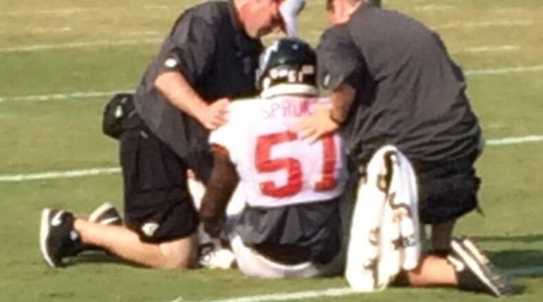 Falcons linebacker Marquis Spruill suffered an ACL injury on Wednesday and will be out for the season. (By D. Orlando Ledbetter/DLedbetter@ajc.com)