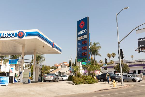 Gas prices at an Arco station in Los Angeles. The rapid run-up in gas prices comes at a delicate moment for the U.S. economy, which was already experiencing the fastest inflation in years. (Da'Shaunae Marisa/The New York Times)