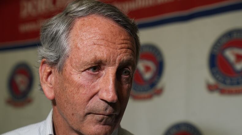 Mark Sanford, former congressman and South Carolina governor, takes questions from reporters as he campaigns for his former U.S. House seat at a Dorchester County GOP event Thursday, April 9, 2026, in Summerville, S.C. (AP Photo/Meg Kinnard)