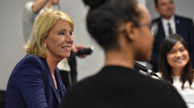 November 28, 2017 Atlanta - U.S. Secretary of Education Betsy DeVos talks to GSU students during Georgia State University Tour and Roundtable with Students at GSU Advisement Center on Tuesday, November 28, 2017. HYOSUB SHIN / HSHIN@AJC.COM