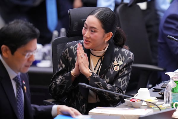 Thailand's Prime Minister Paetongtarn Shinawatra gestures as she attends the plenary session at the Association of Southeast Asian Nations (ASEAN) Summit in Kuala Lumpur, Malaysia, Monday, May 26, 2025. (AP Photo/Vincent Thian)