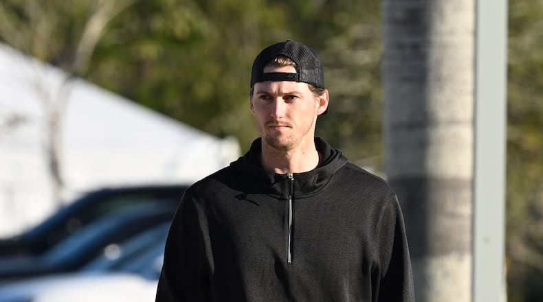 Braves starting pitcher Kyle Wright arrives for the first of the Braves pitchers and catchers report to spring training at CoolToday Park, Monday, Feb. 13, 2023, in North Port, Fla.. (Hyosub Shin / Hyosub.Shin@ajc.com)
