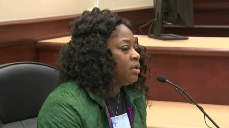 Tanya Johnson spoke at sentencing in Clayton County for people convicted in the death of Quincy Suggs in 2014.