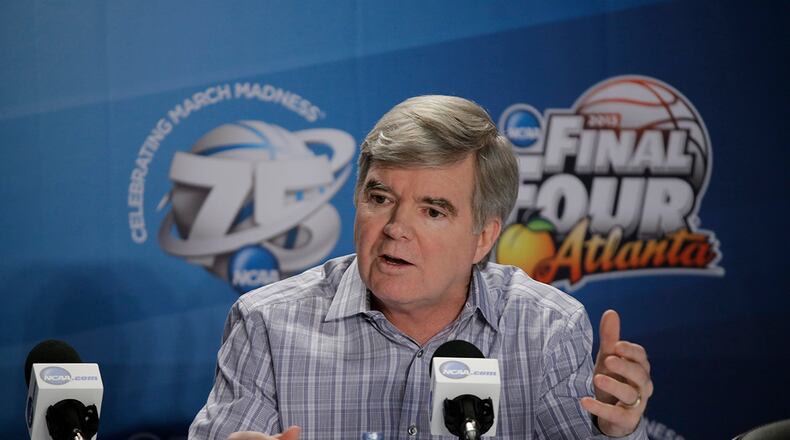 NCAA President Mark Emmert speaks at a news conference Thursday in Atlanta.