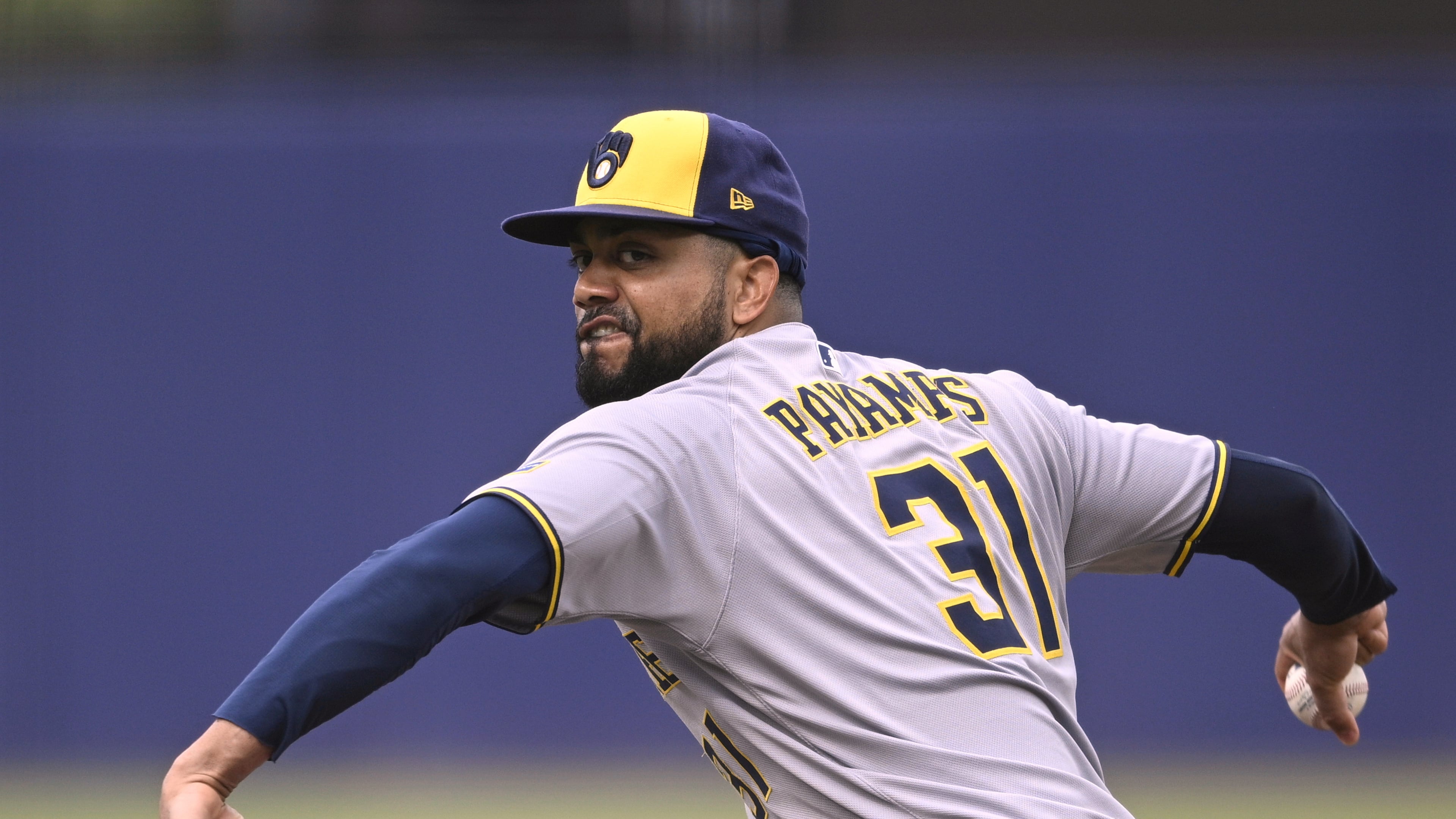 FILE - Milwaukee Brewers pitcher Joel Payamps (31) throws to home plate during the eighth inning of a baseball game against the Tampa Bay Rays, May 11, 2025, in Tampa, Fla. (AP Photo/Phelan M. Ebenhack, File)