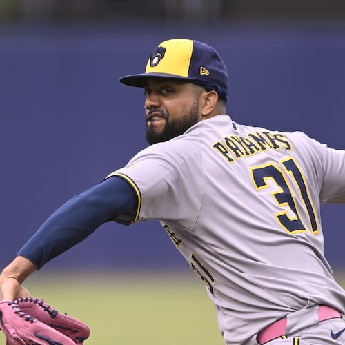 FILE - Milwaukee Brewers pitcher Joel Payamps (31) throws to home plate during the eighth inning of a baseball game against the Tampa Bay Rays, May 11, 2025, in Tampa, Fla. (AP Photo/Phelan M. Ebenhack, File)