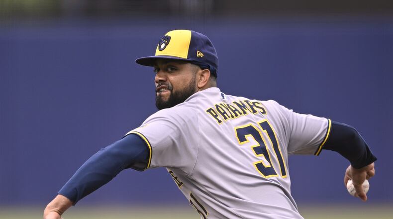 FILE - Milwaukee Brewers pitcher Joel Payamps (31) throws to home plate during the eighth inning of a baseball game against the Tampa Bay Rays, May 11, 2025, in Tampa, Fla. (AP Photo/Phelan M. Ebenhack, File)