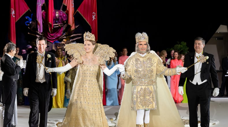 ©Kathy Anderson, Thisi is the Rex Ball at the Sheraton Hotel in New Orleans. This is the court: Rex 2023, Mr. Ludovico F. Feoli,Evaline Finlay Gomila,  their pages, Masters Paxton Legier White Jr. and Patrick Christy Kearney, Maids of Honor were Misses Eugenie Louise Philipson, daughter of Mr. and Mrs. Randolph Arthur Philipson; Eugenie Eustis McLeod, daughter of Mr. and Mrs. Evans Martin McLeod; Eliza Hollis Nieset, daughter of Mr. and Mrs. John Kearney Nieset; Lillie Nolan Grant, daughter of. Mr. and Mrs. Arthur Gordon Grant III; Elizabeth Anne Charbonnet, daughter of Mr. and Mrs. John Denechaud Charbonnet Jr.; Aimée Green Barousse, daughter of Mr. and Mrs. Gerard Walter Barousse Jr.; Margaret Ellis Epting Goff, daughter of Mr. and Mrs. Stacey Wayne Goff; and Caroline Myra Marie Conwill, daughter of Mr. and Mrs. Daniel Oza Conwill IV. Dukes of the Realm were Messrs. Jacques Pucheu Reynoir, son of Mrs. Vance Greenslit Reynoir and the late Mr. Reynoir; Patrick Calhoun Jr., son of Mr. and Mrs. Calhoun; Patrick Henican Silvia, son of Dr. and Mrs. Charles Paul Silvia; Lawrence Noel Johnson, son of Mr. and Mrs. Johnson Jr.; Lawrence Waite Freeman, son of Mr. and Mrs. Peter Lawrence Freeman; Joseph Storey Charbonnet Jr., son of Mr. and Mrs. Charbonnet; Jack Newton Reynolds, son of Mr. and Mrs. Stephen Brett Reynolds; and John Minor Wisdom, son of Mr. and Mrs. Andrew Bell Wisdom. Several debutantes of the season were presented, included Misses Cecilia Walshe Balart, daughter and stepdaughter of Mr. and Mrs. Luis Etienne Balart and stepdaughter and daughter of Mr. and Mrs. Paul Andrew Hogan; Esmé Boyce Benjamin, daughter of Mr. and Mrs. Thomas Mente Benjamin; Joan Caroline Benjamin, daughter of Mr. and Mrs. Edward Wisdom Benjamin; Claire Roth and Kate Virginia Kehoe, daughters of Mr. and Mrs. Charles Vincent Kehoe II; Anastasia Elizabeth Talbot, daughter of State Sen. and Mrs. Michael Kirk Talbot; and Margaret Casey Wilson, daughter of Mr. and Mrs. Carter Cleveland Wils
