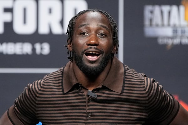 Terence Crawford speaks during a news conference Friday, June 27, 2025, in Las Vegas. (AP Photo/John Locher)