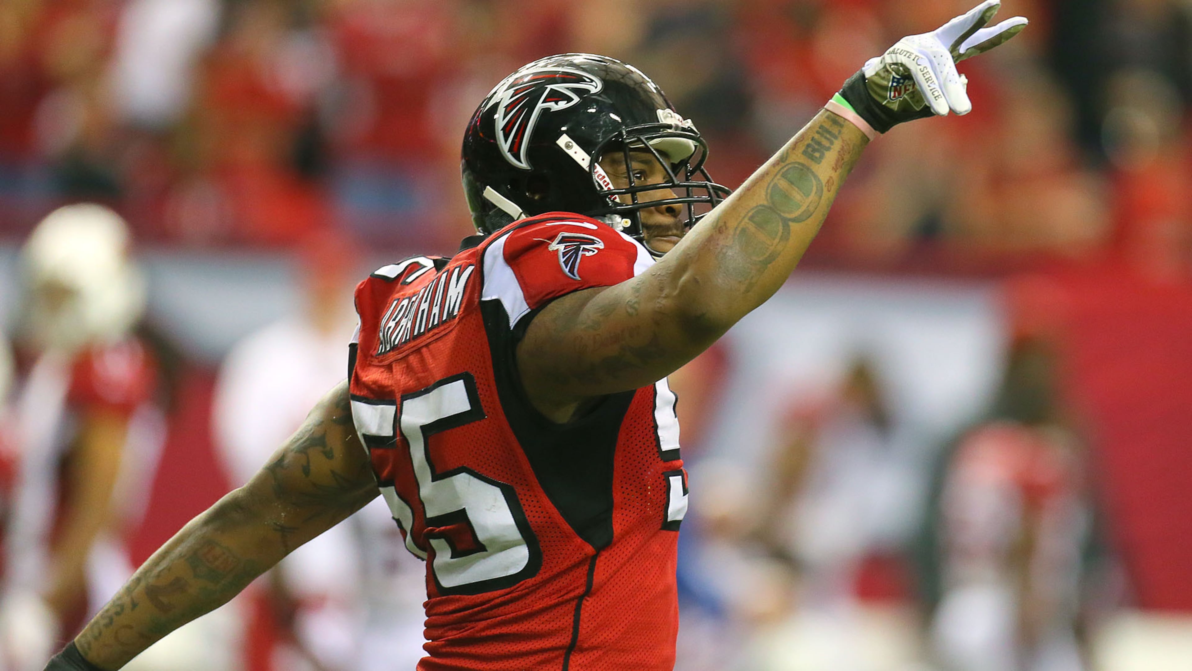 Former Falcons defensive end John Abraham, who amassed 133.5 sacks over his 15-year NFL career, is considered one of the next great pass rushers to be considered for enshrinement in the Pro Football Hall of Fame. (AJC 2012)