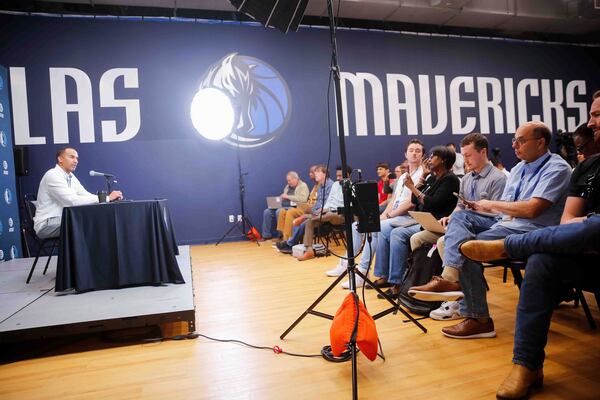 Mavericks GM Nico Harrison speaks during a press conference at the Mavericks Training Center in Dallas, Texas, Monday, April 21, 2025. (Juan Figueroa /The Dallas Morning News via AP)
