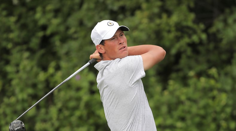 Georgia Tech Christo Lamprecht watches his shot during an NCAA golf tournament on Saturday, Sept. 16, 2023, in Chicago. (AP Photo/Melissa Tamez)